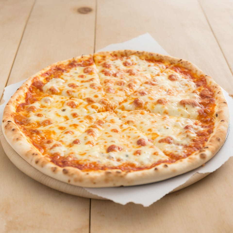 A freshly baked Giovanni's cheese pizza, sliced and ready to eat on a wooden board.